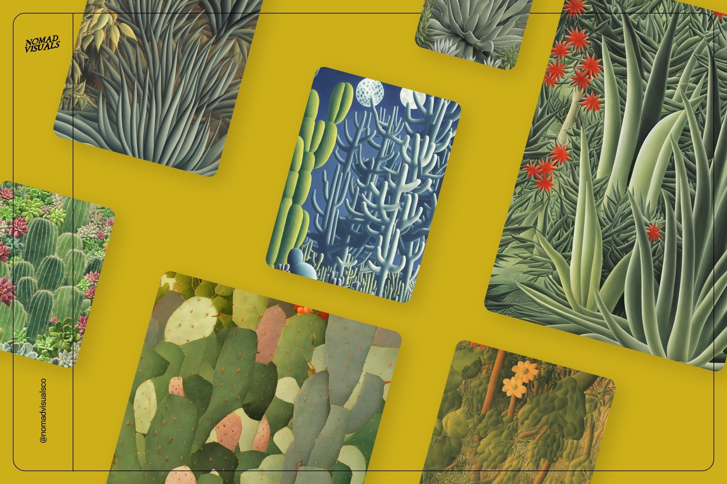 Yellow background with a variety of cactus images.