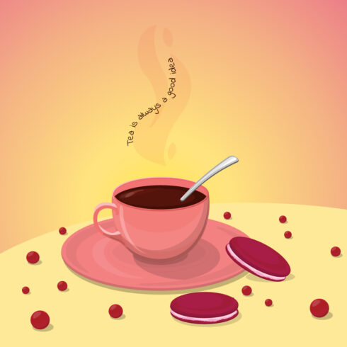 A cup of tea with macarons and berries cover image.
