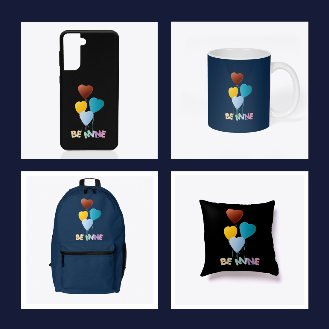 Be Mine typography tshirt design with colorful love or heart shaped balloons preview image.