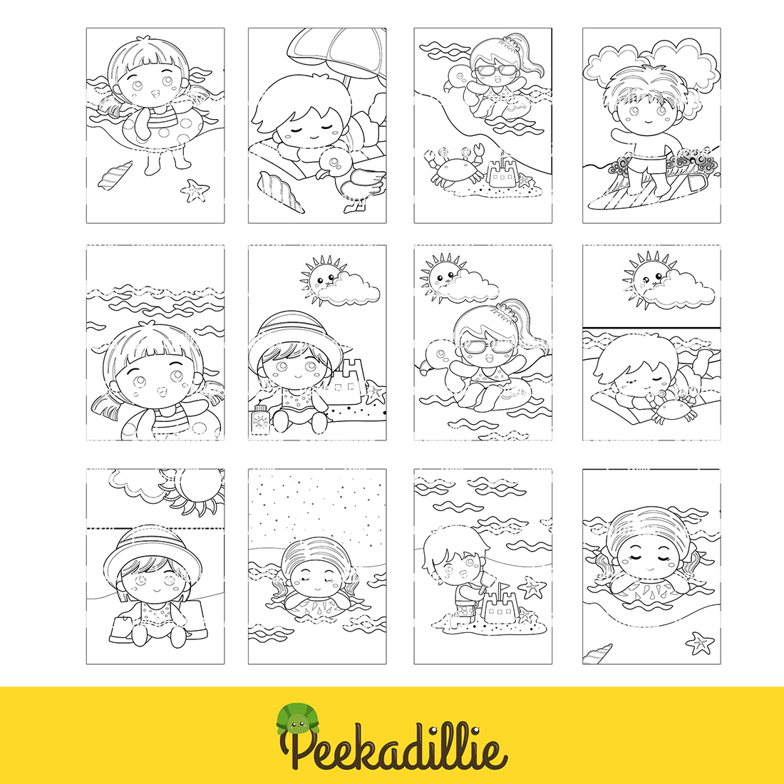 Summer Kids at the Beach Holiday Coloring Pages Activity For Kids And Adult preview image.