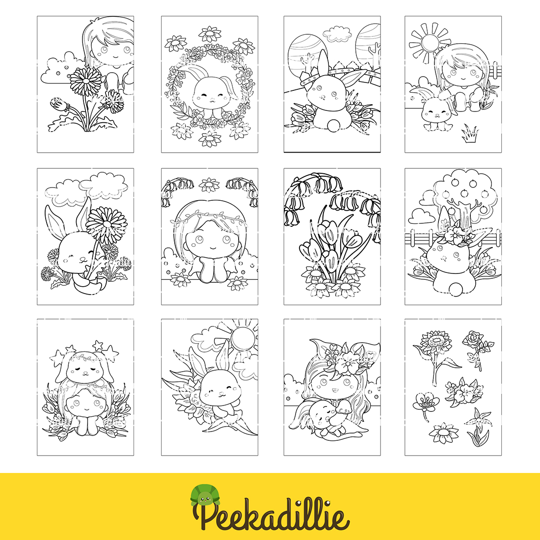 Girl Rabbit Flower Animal Cute Coloring Pages Activity For Kids And Adult preview image.