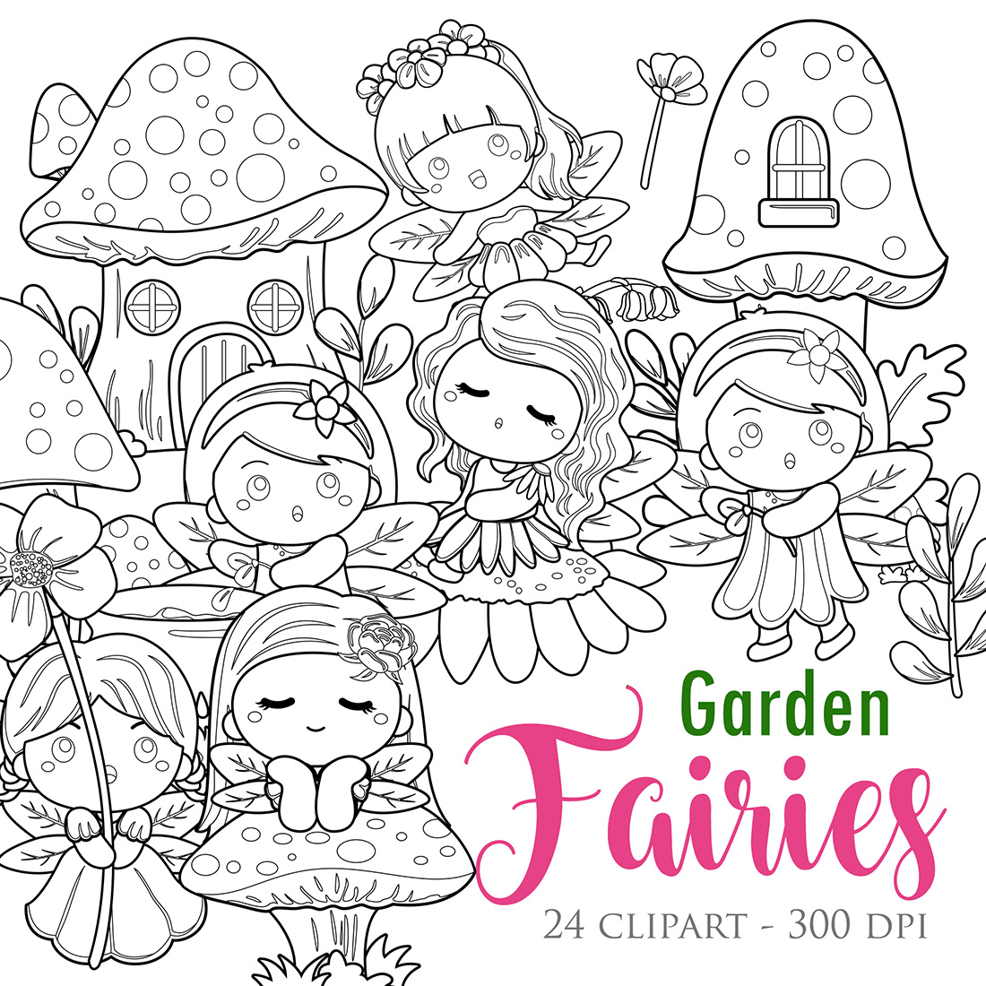 Garden Fairies Spring Season Angel Wings Colorful Scrapbook Digital Stamp cover image.