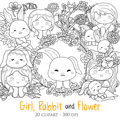 Girl Rabbit Flower animal cute kids Scrapbook Digital Stamp cover image.