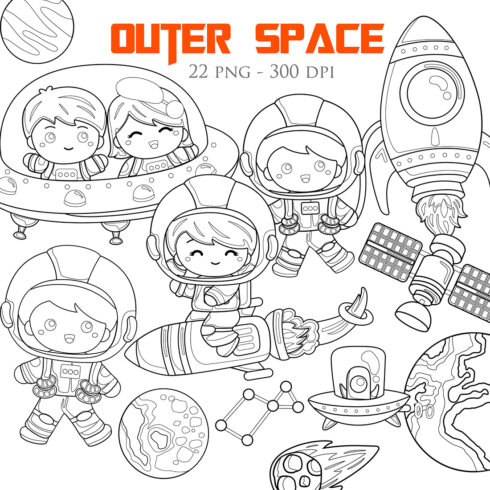Outer Space Solar System Planet Astronaut Kids Colorful Scrapbook Digital Stamp cover image.