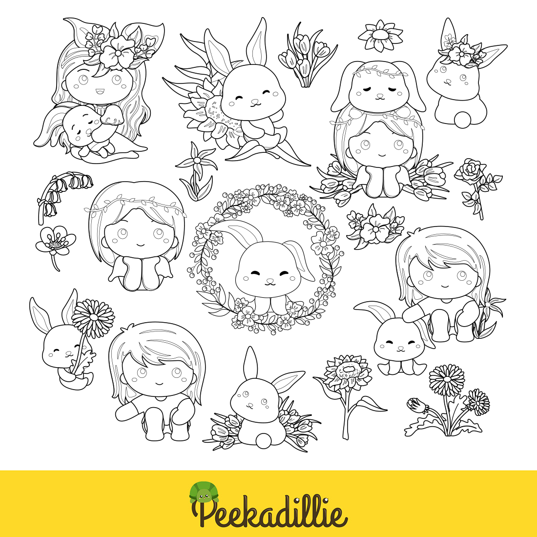 Girl Rabbit Flower animal cute kids Scrapbook Digital Stamp preview image.