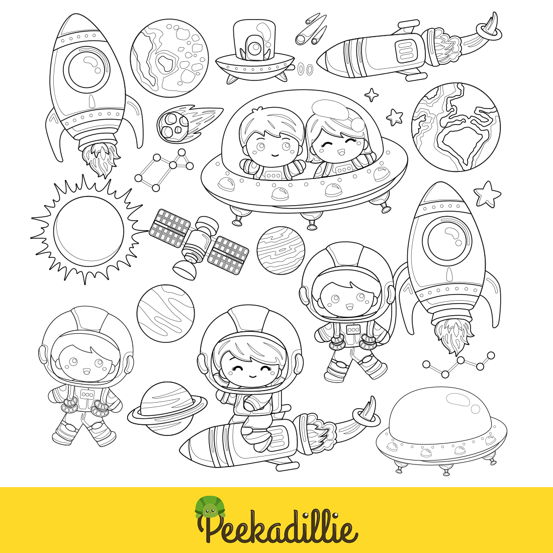 Outer Space Solar System Planet Astronaut Kids Colorful Scrapbook Digital Stamp preview image.