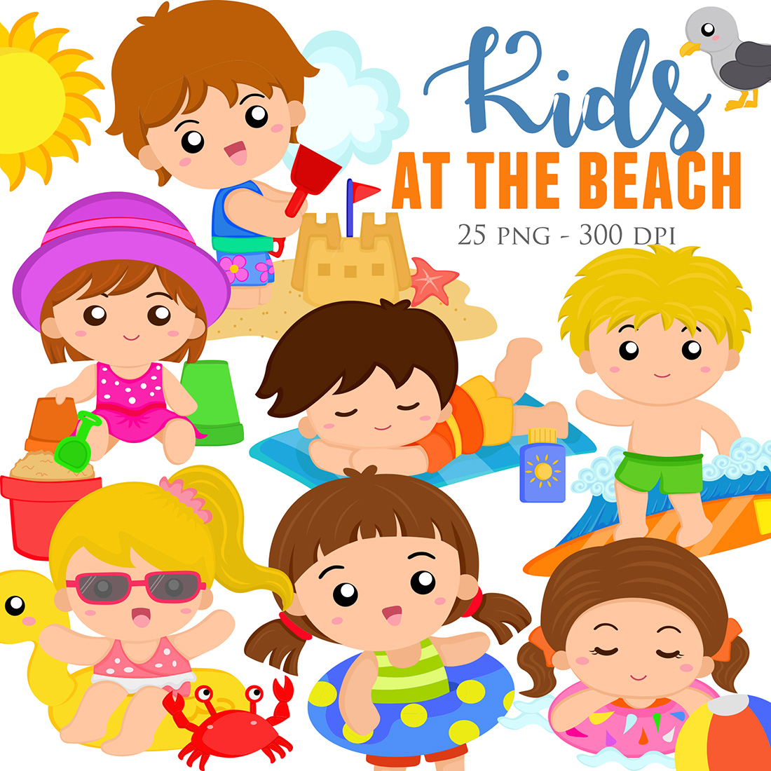 Kids at the Beach Summer Cute Vector Clipart Illustrations cover image.