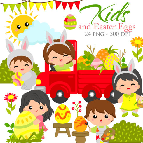 Easter Kids Holiday Eggs Colorful Vector Clipart Illustrations cover image.