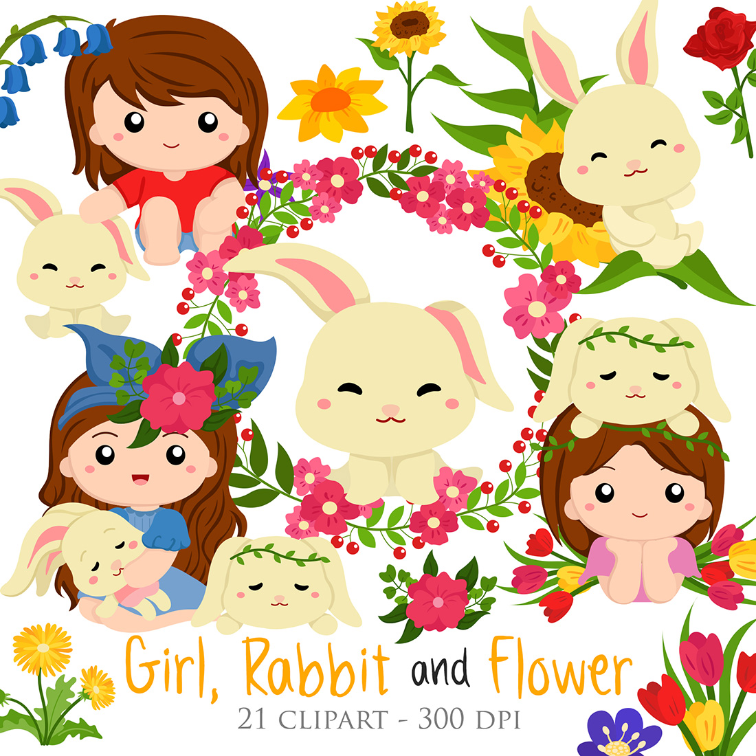 Girl Rabbit Flower Kids Colorful Cute Vector Clipart Illustrations cover image.