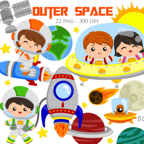 Outer Space Cute Kids Boy Girl Solar System Vector Clipart Illustrations cover image.