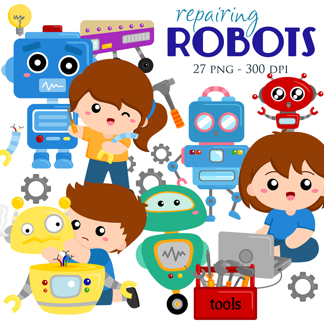 Repairing Robot Engineer Vector Clipart Illustrations cover image.