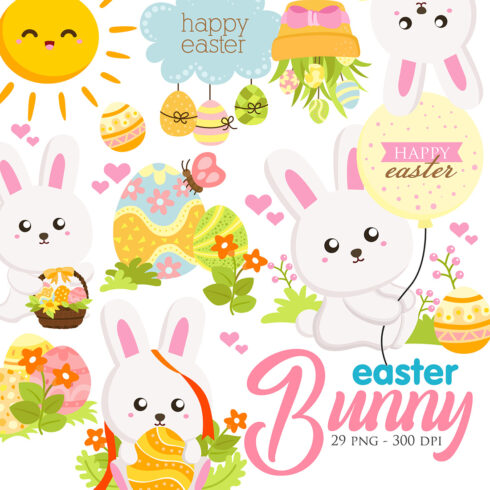 Easter Holiday Happy Easter Bunny Egg Rabbit Easter Vector Clipart Illustrations cover image.