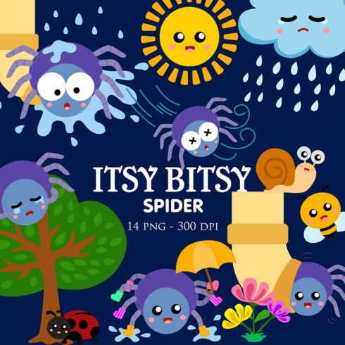 Itsy Bitsy Spider Classing Song Rhymes Kids Bedtime Story Vector Clipart Illustrations cover image.