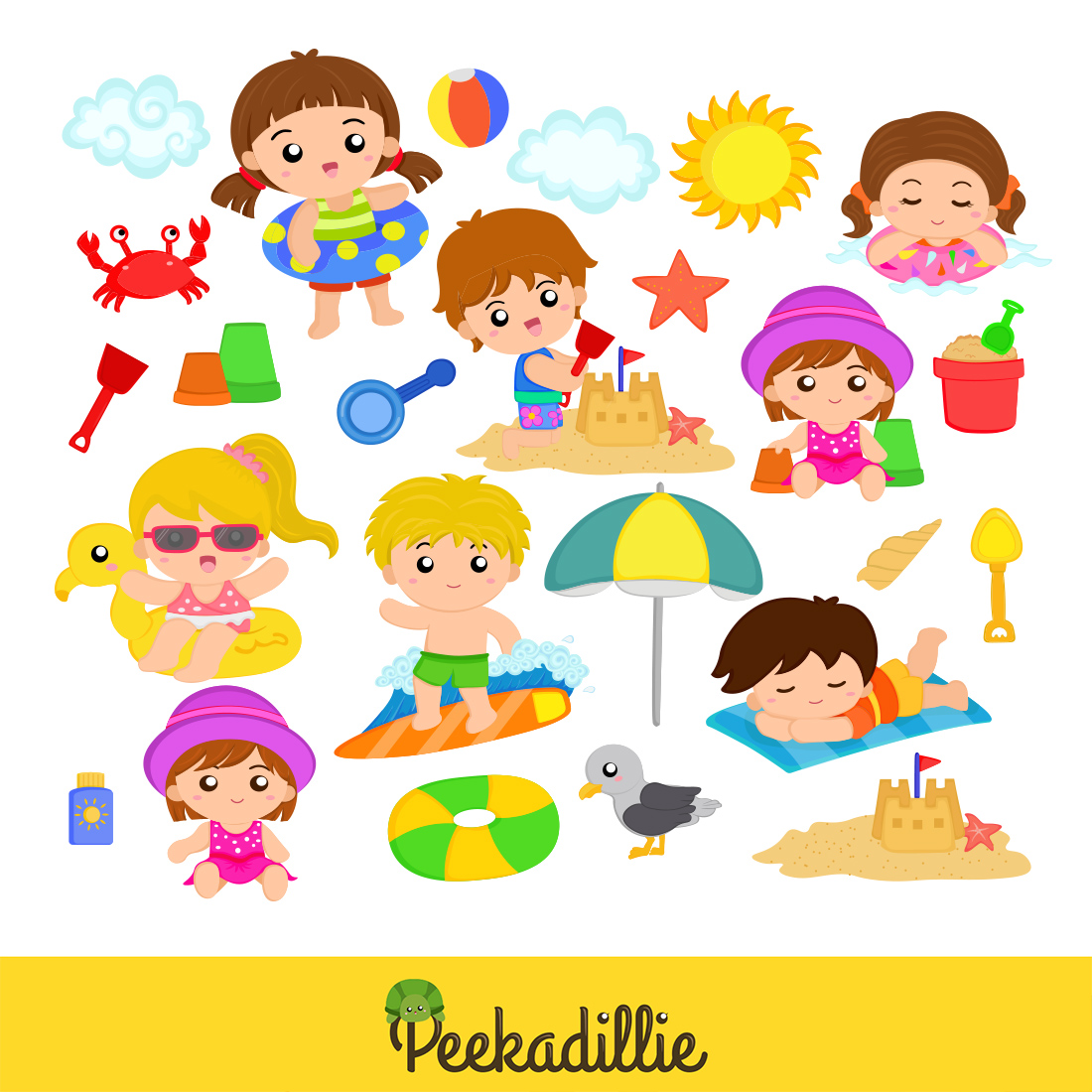 Kids at the Beach Summer Cute Vector Clipart Illustrations preview image.