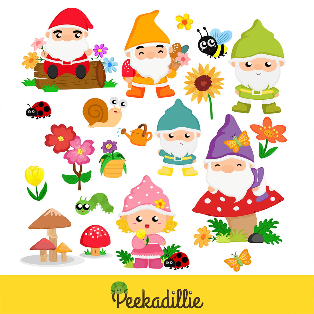 Spring Gnome Colorful Kids Vector Clipart Illustrations preview image.