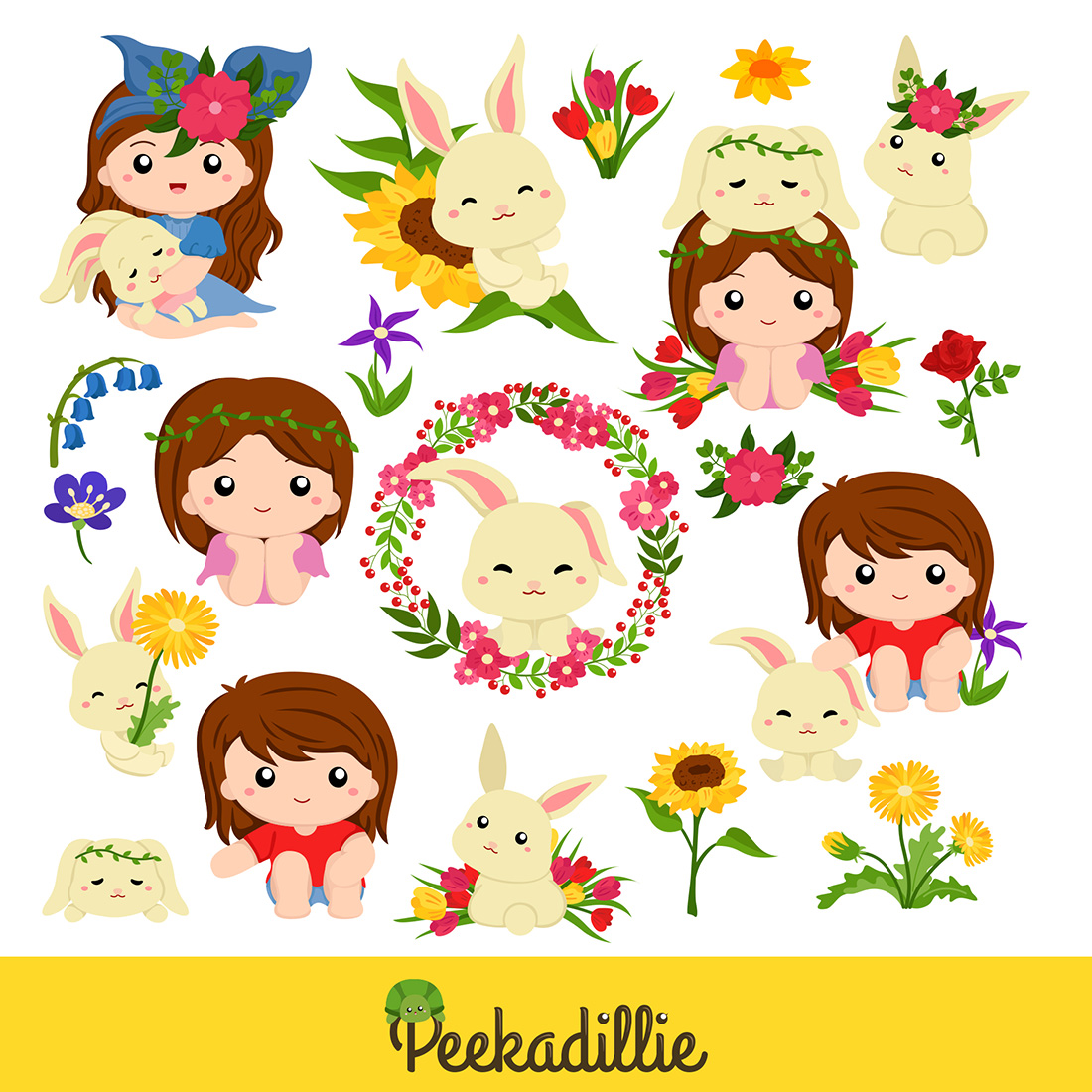 Girl Rabbit Flower Kids Colorful Cute Vector Clipart Illustrations preview image.
