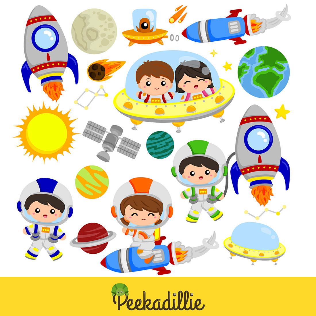 Outer Space Cute Kids Boy Girl Solar System Vector Clipart Illustrations preview image.