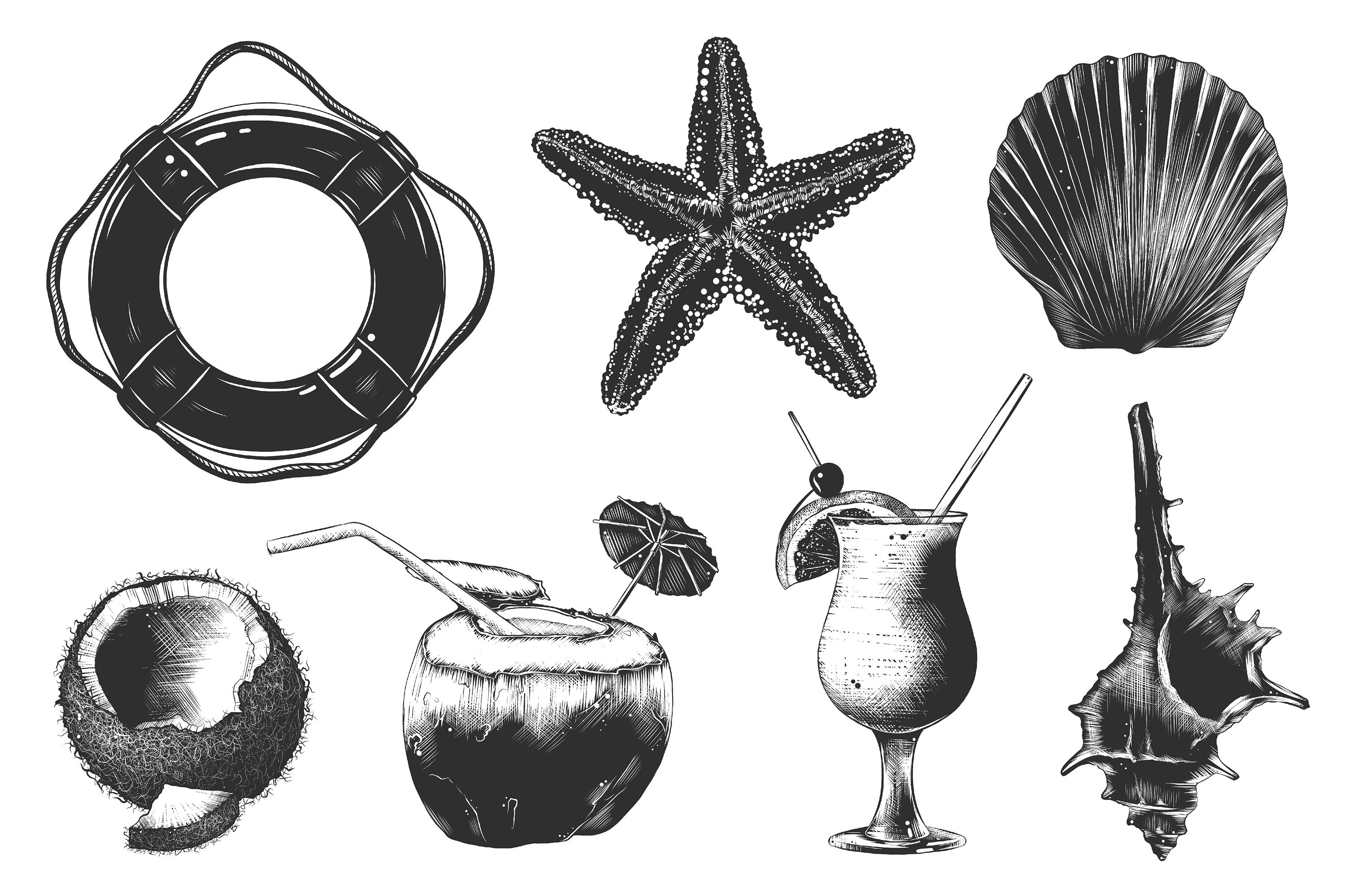 Black and white drawing of different types of items.