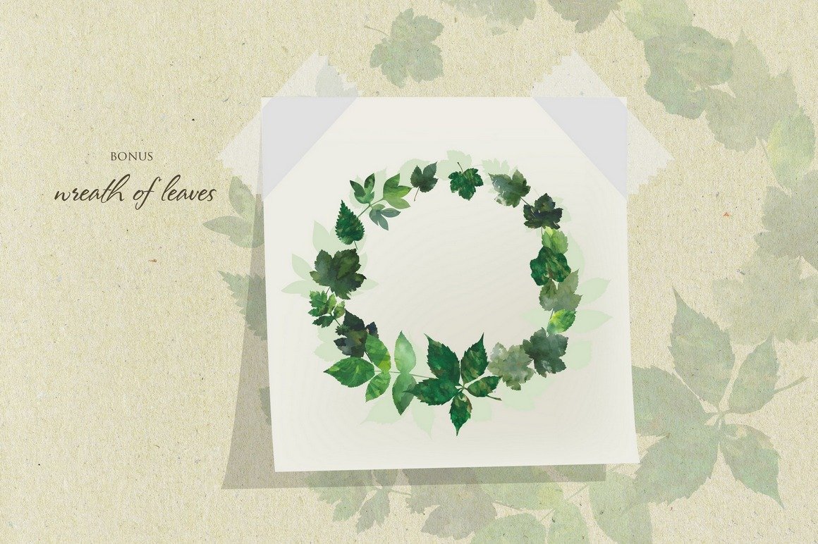 Card with a wreath of leaves on it.