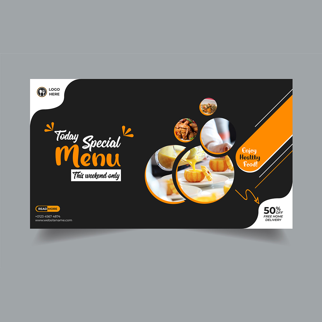 A black and orange menu with a picture of food.