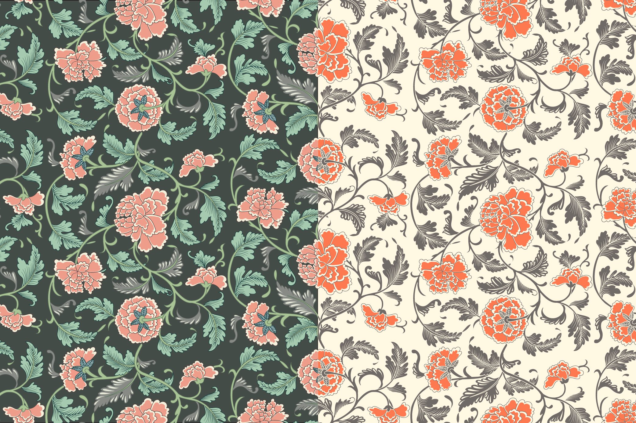 Two different patterns of flowers and leaves.