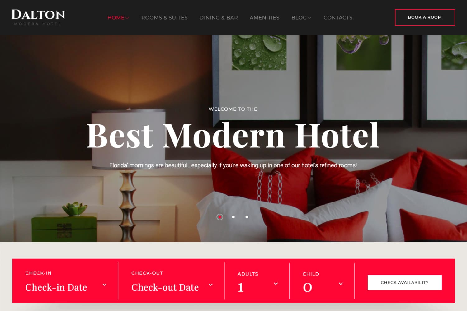 Home page of the hotel website with a photo of the bed in the room and red booking parameters.