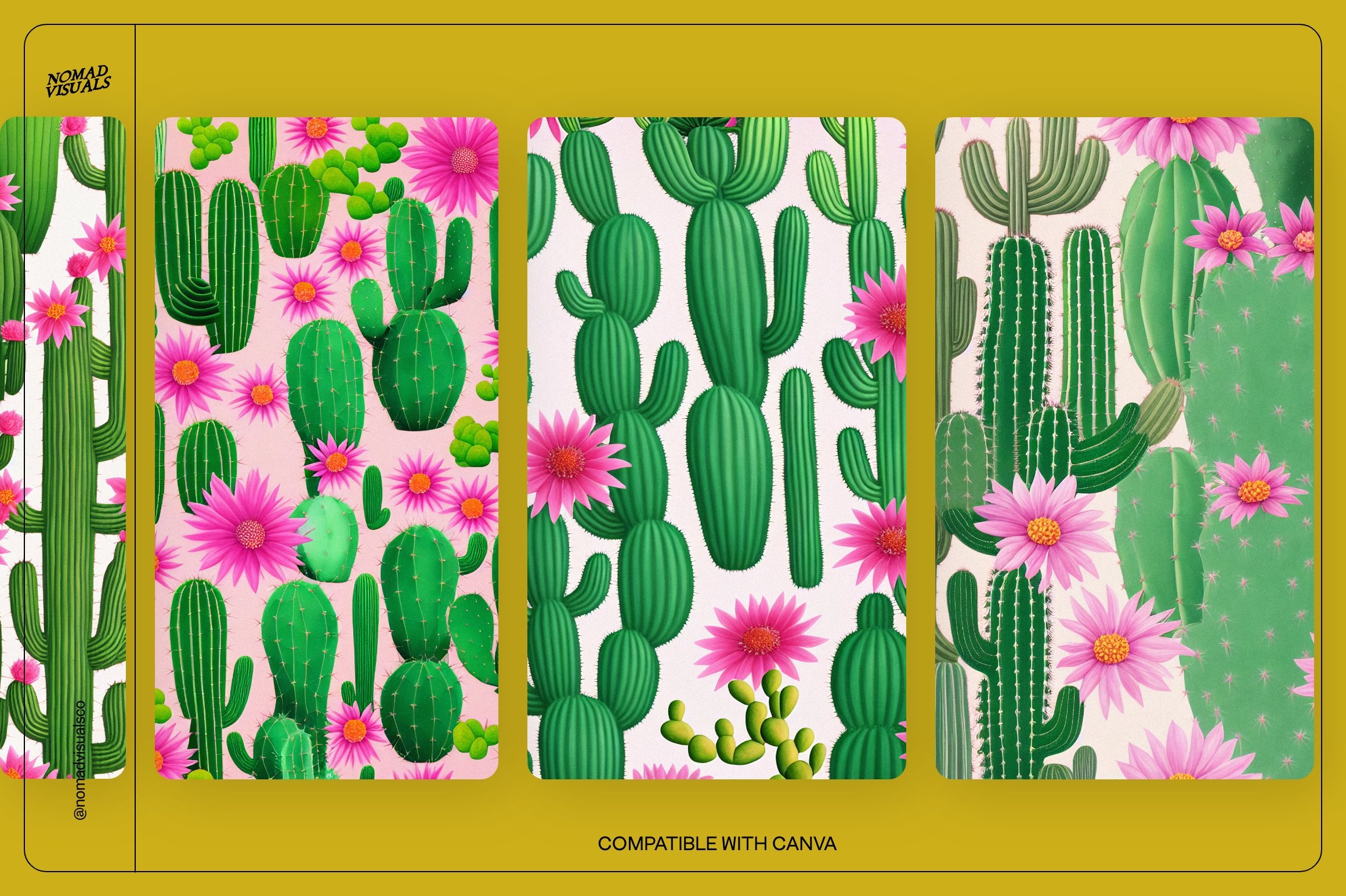 Set of four cactus wallpapers with pink and green flowers.