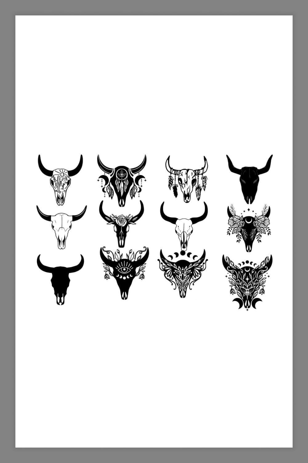 Collage of 12 Cow Skulls in different designs.
