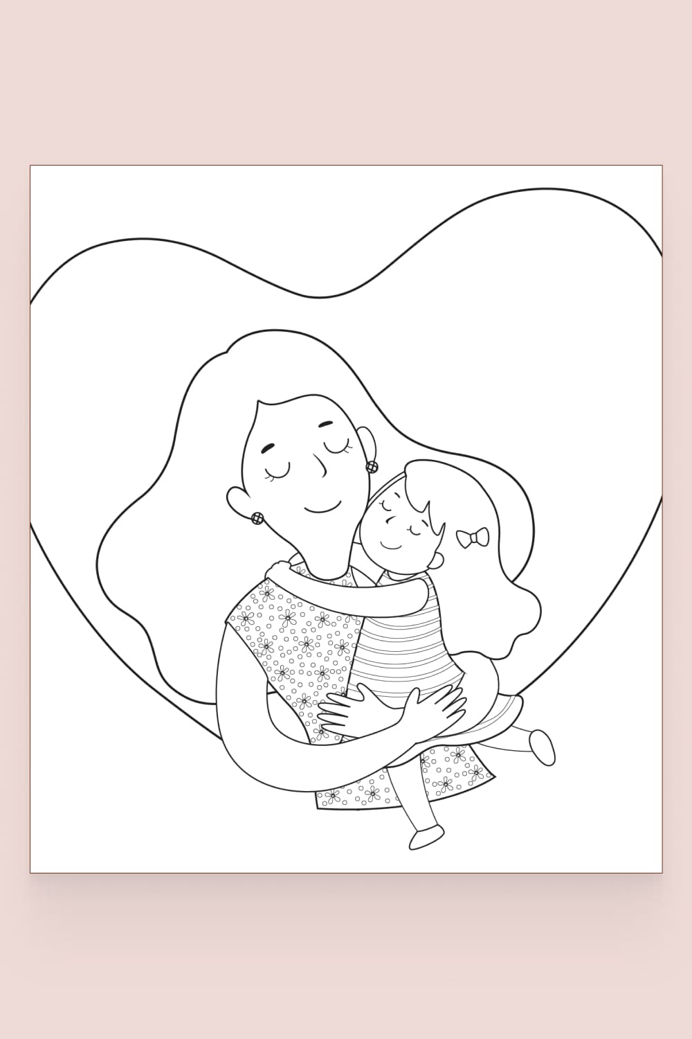 Postcard with a drawn mother with a daughter in her arms on the background of the heart.