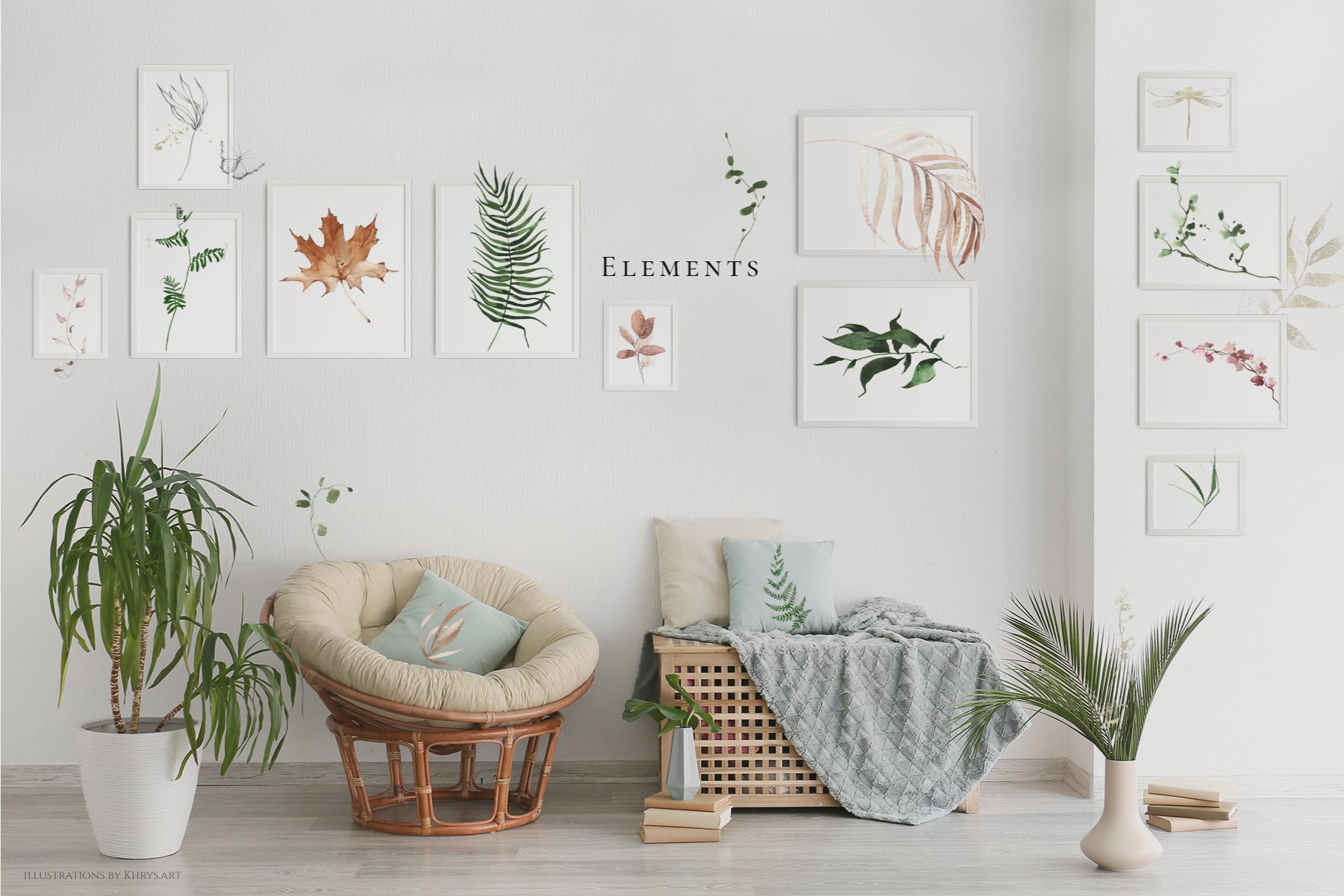 Living room with plants and pictures on the wall.