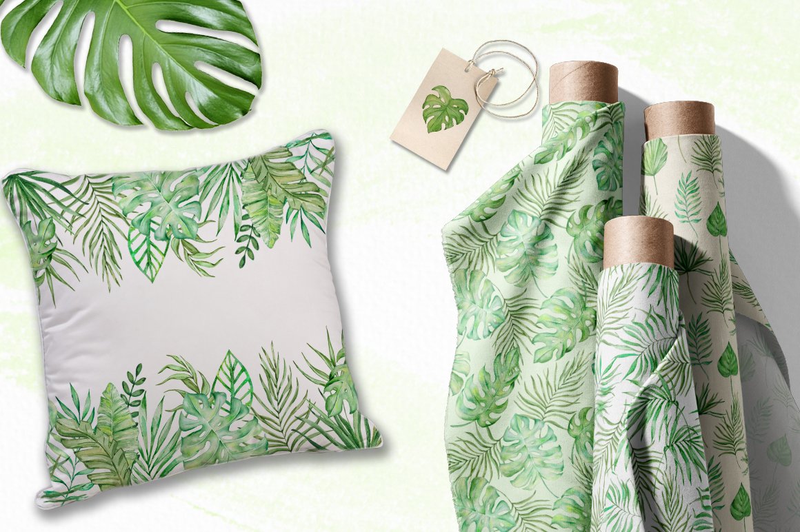 Green and white tropical print pillow and a green and white throw pillow.