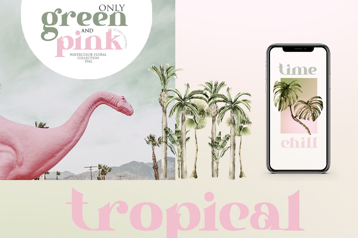 Pink phone with a picture of a pink dinosaur and palm trees.