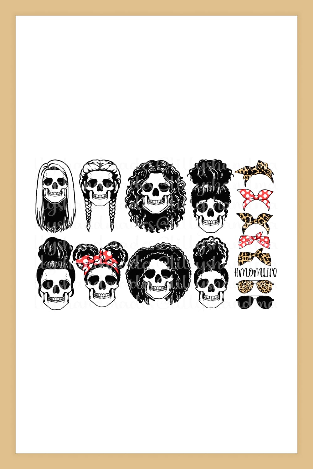 Collage of 8 skulls with women's hairstyles and headscarves.