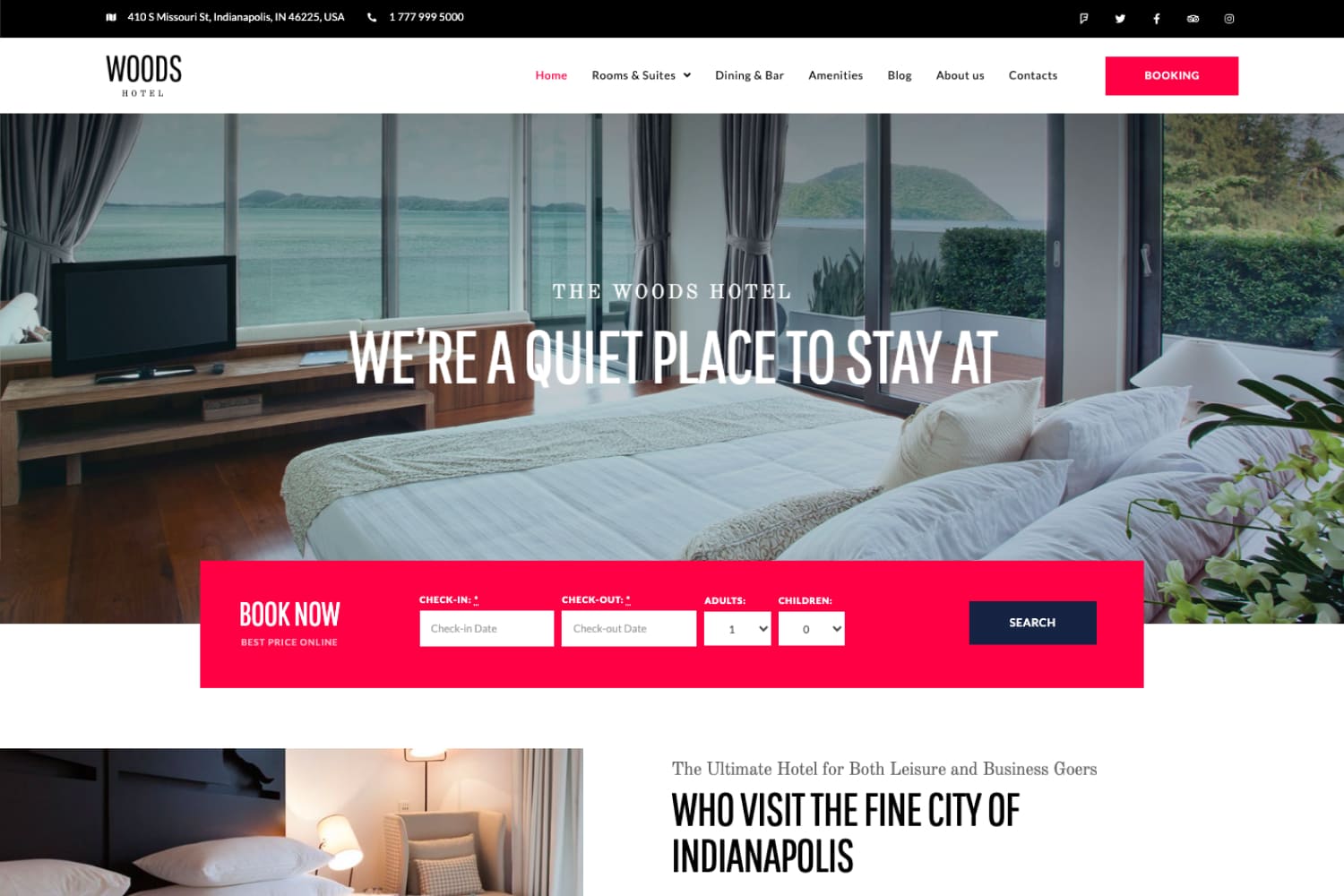 The main page of the hotel website with a photo of the bed and a panoramic view from the windows with a booking block.