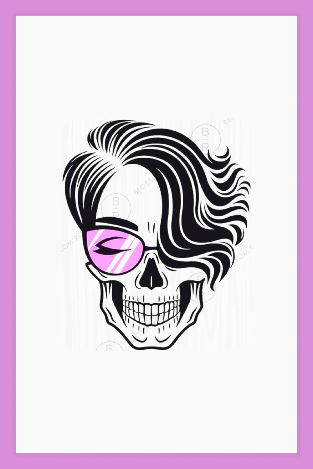 Skull with a stylish female hairstyle and pink glasses.