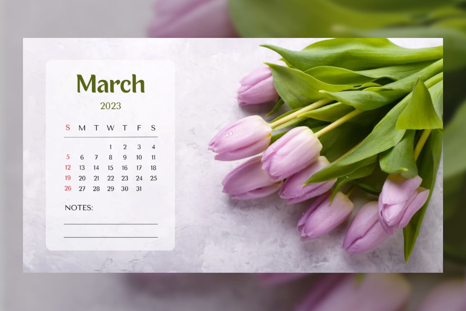 March 2023 calendar with tulips in soft pink and green tones.