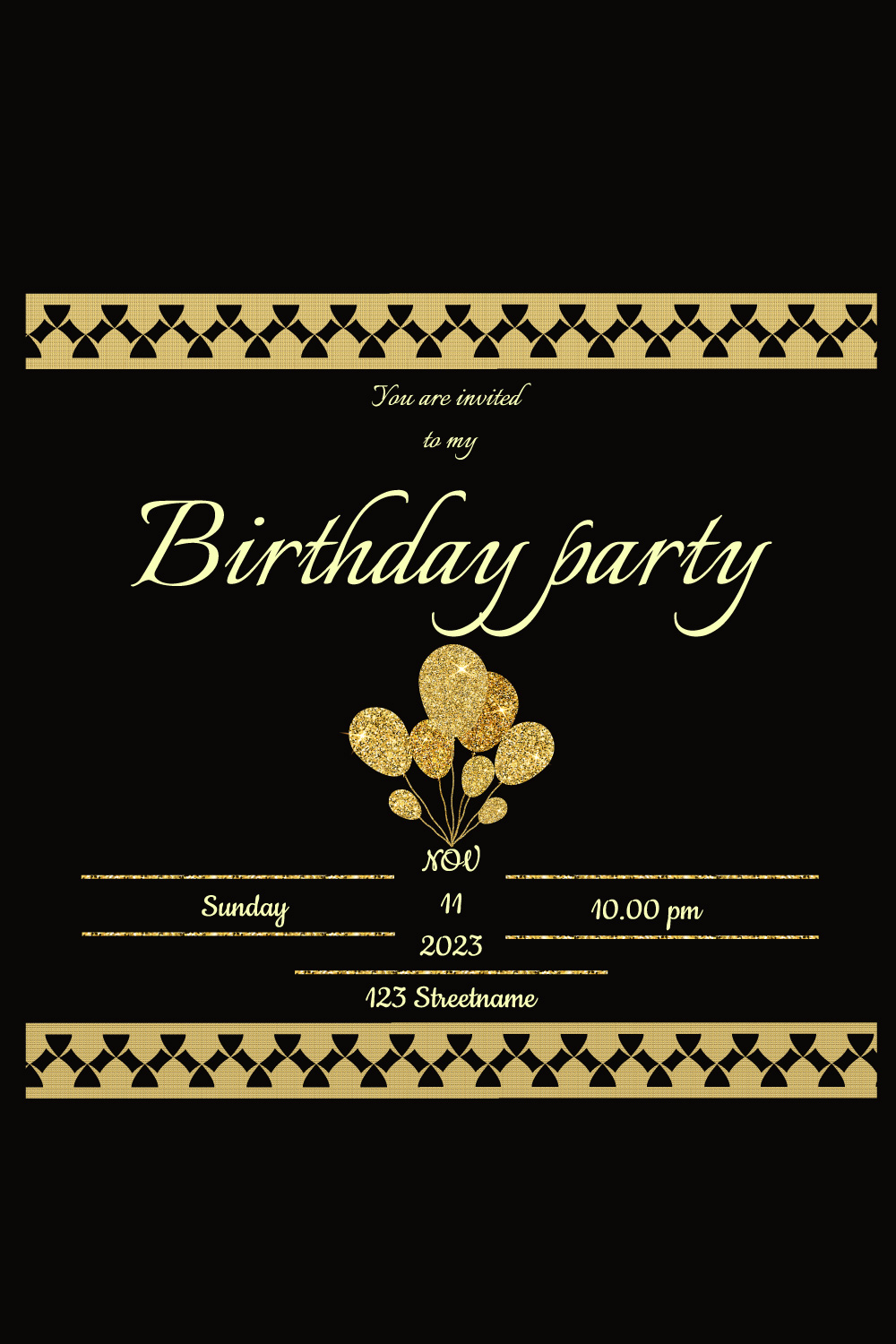 Birthday invitation card with golden sparkles, balloons and inscription pinterest preview image.