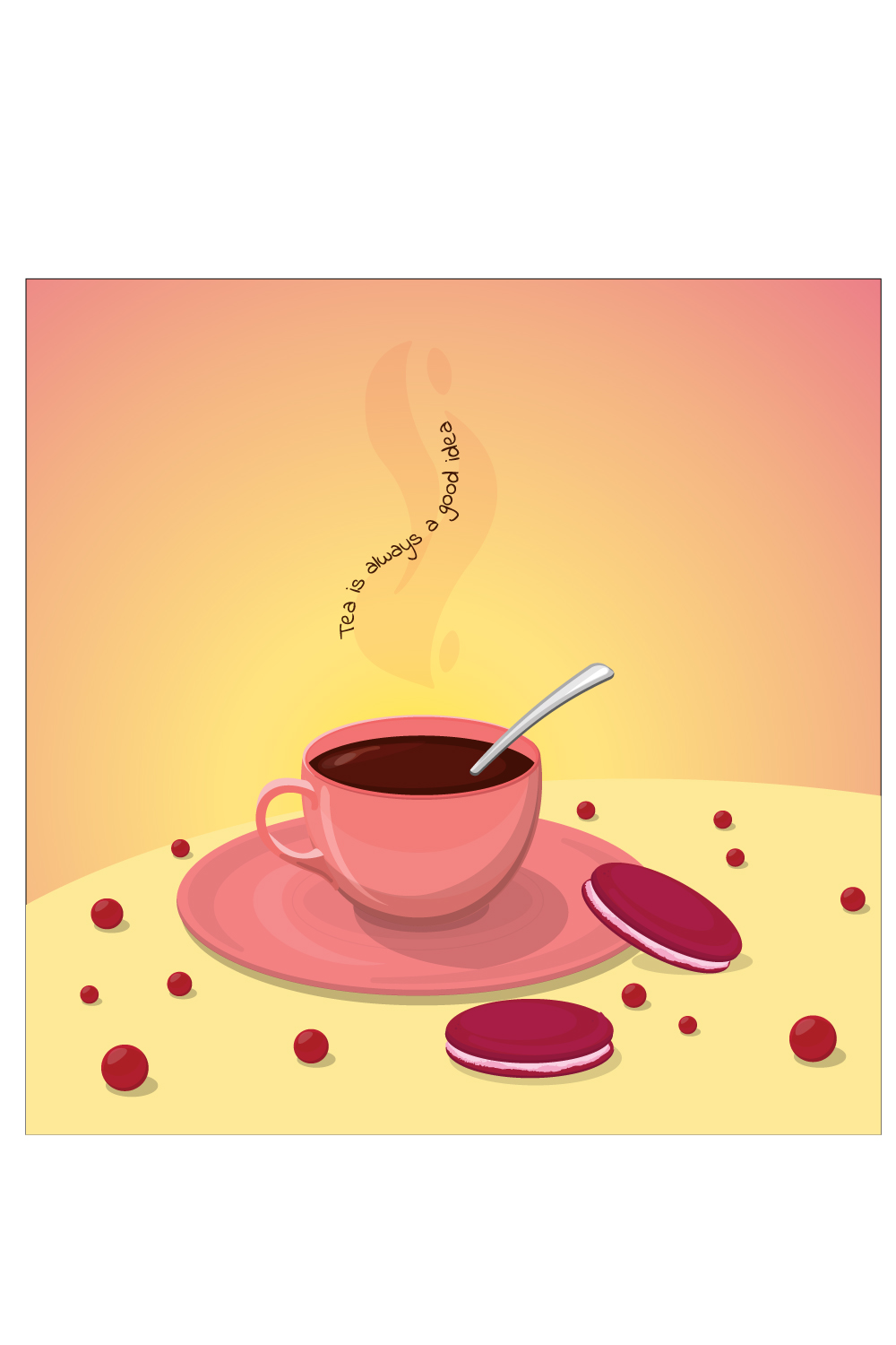 A cup of tea with macarons and berries pinterest preview image.
