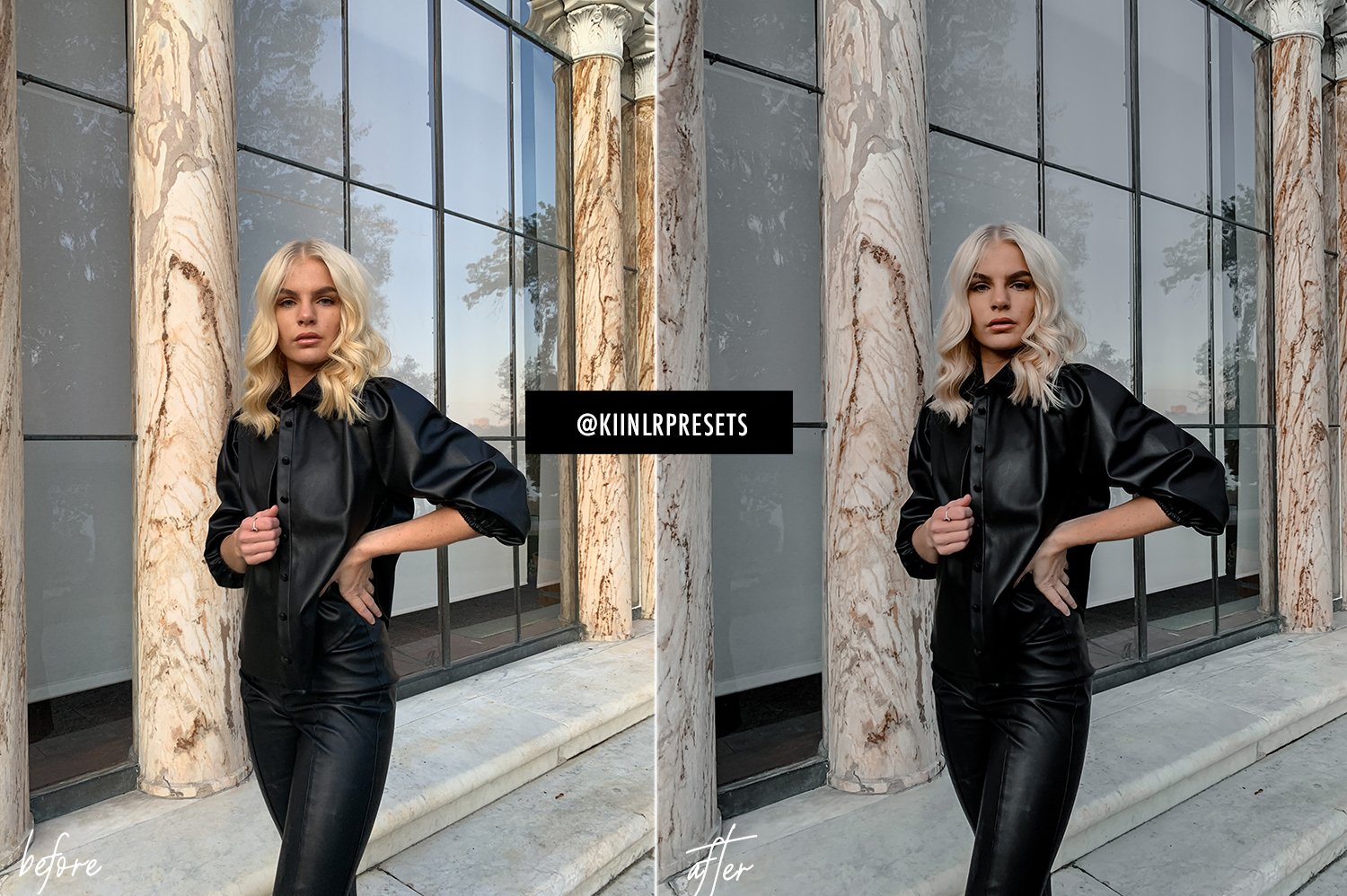 A woman in a black leather outfit posing in front of a building.
