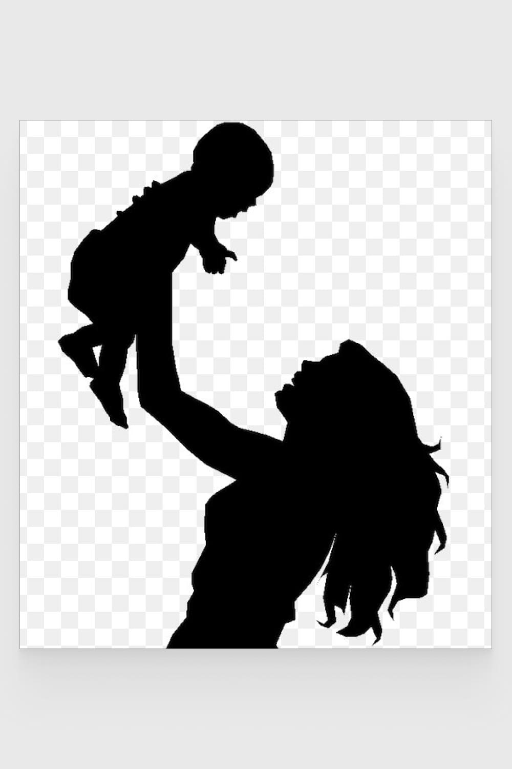 Black and white clipart in the form of a mother holding a child in outstretched arms.
