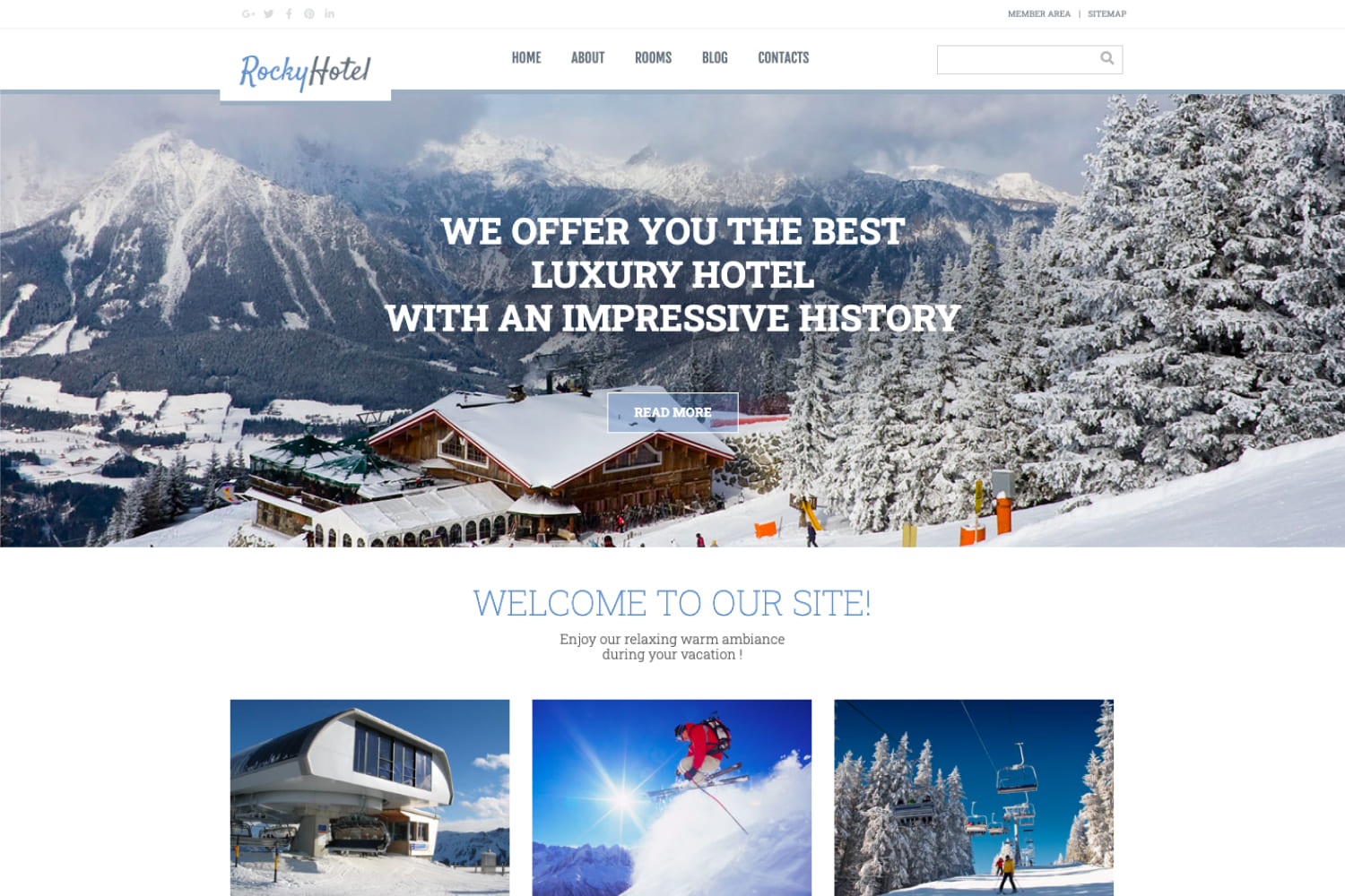 The main page of the hotel website with a photo of the ski resort and skiers.