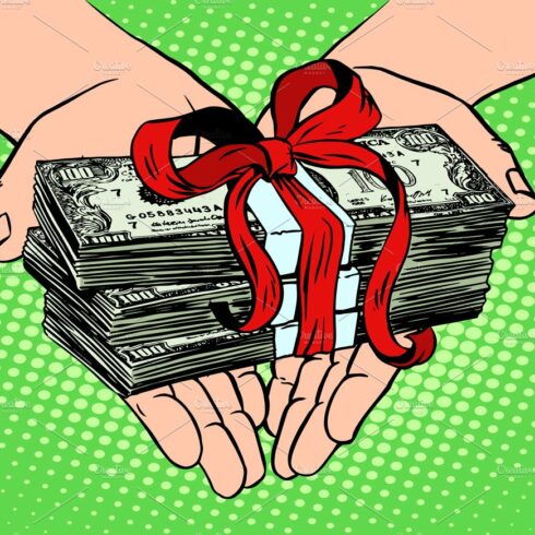 A person holding a stack of money wrapped in a red ribbon.