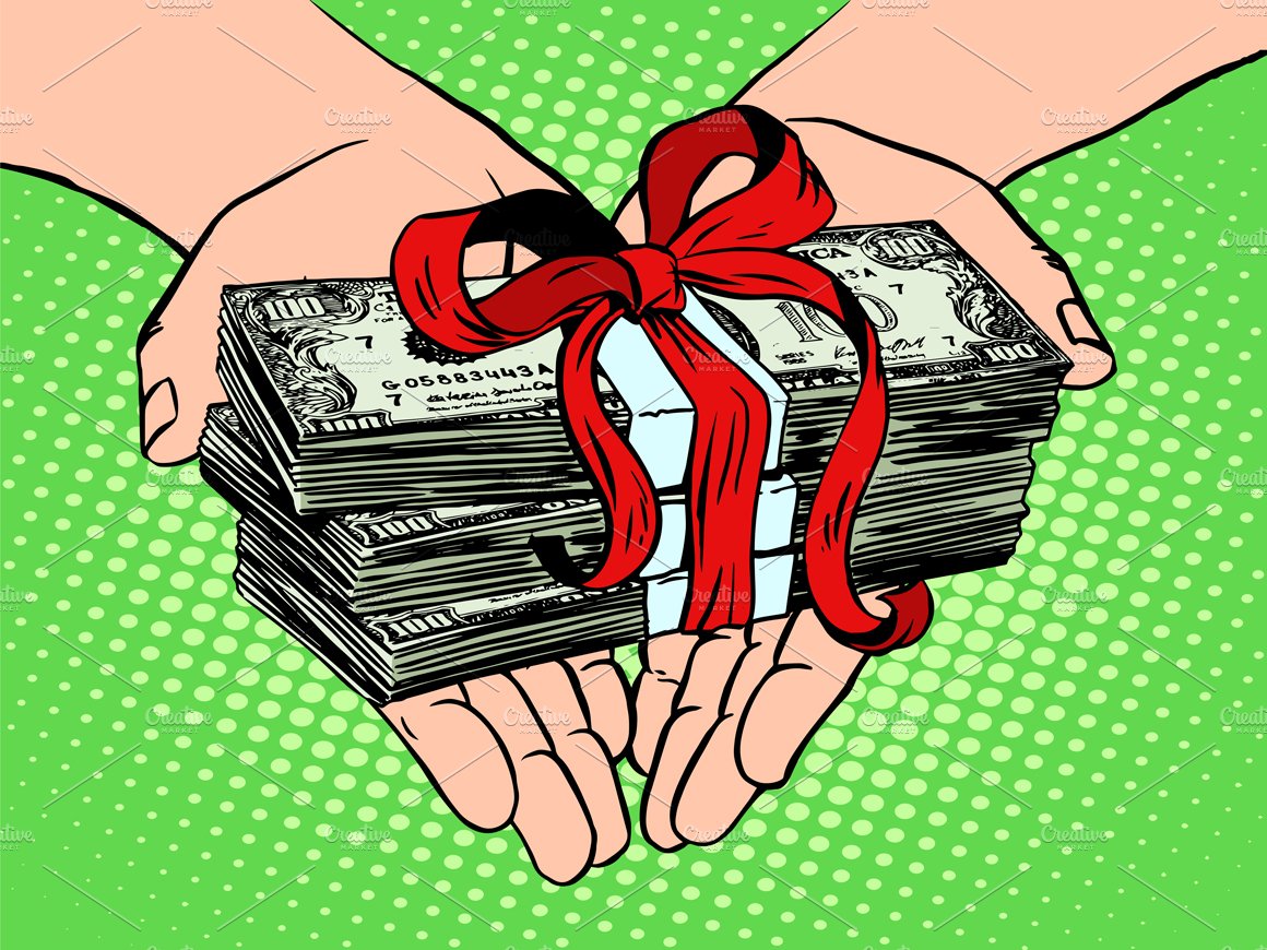 A person holding a stack of money wrapped in a red ribbon.
