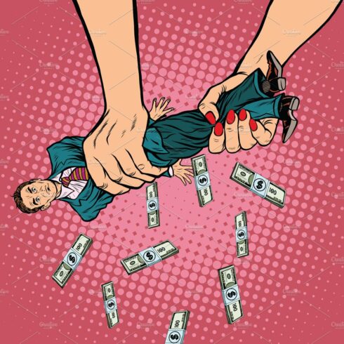 A woman is holding a man's hand with money coming out of it.