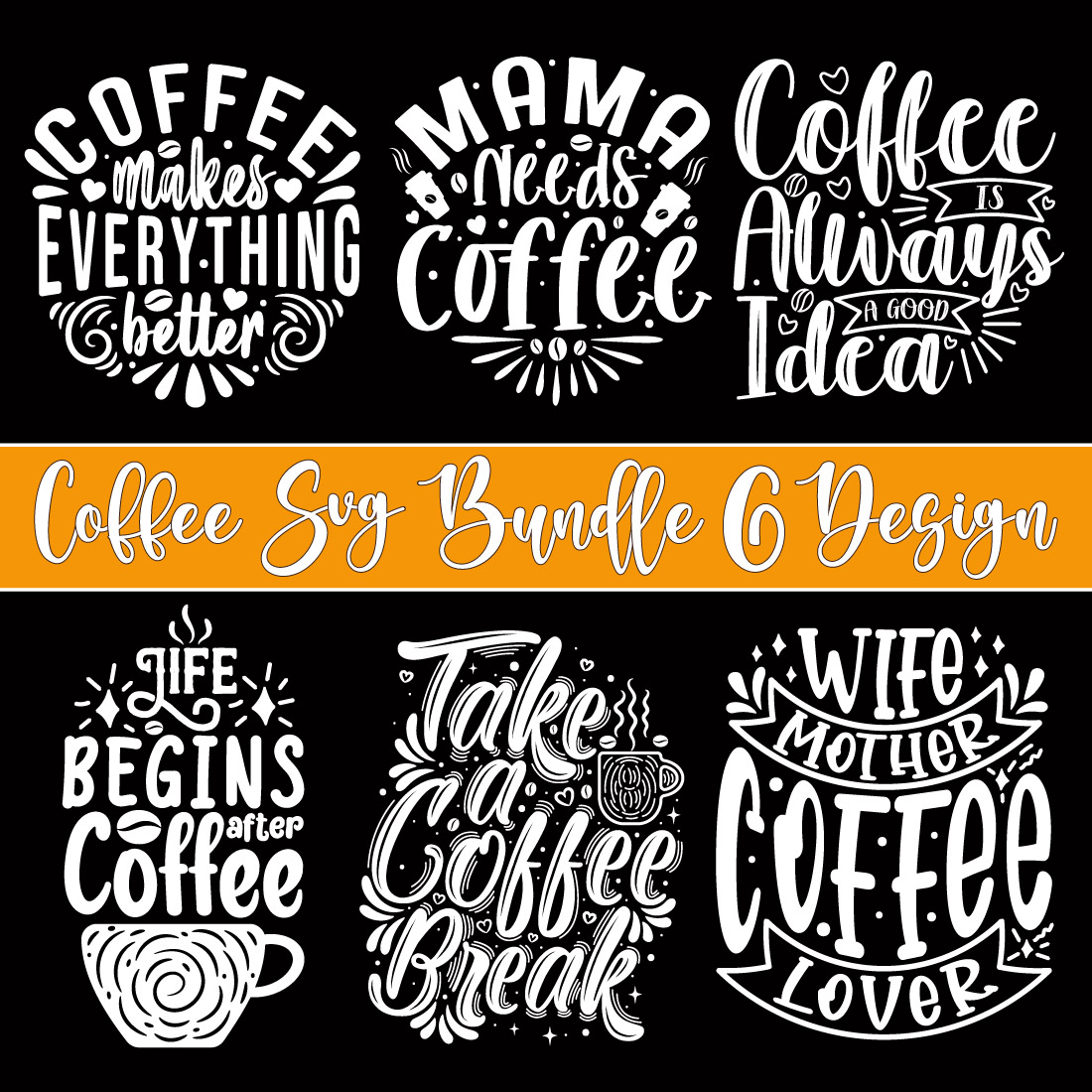 6 Coffee Typography T-Shirt Design Bundle preview image.