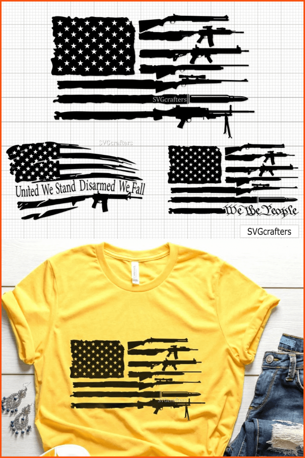 Collage of images of the American flag with rifles instead of stripes.