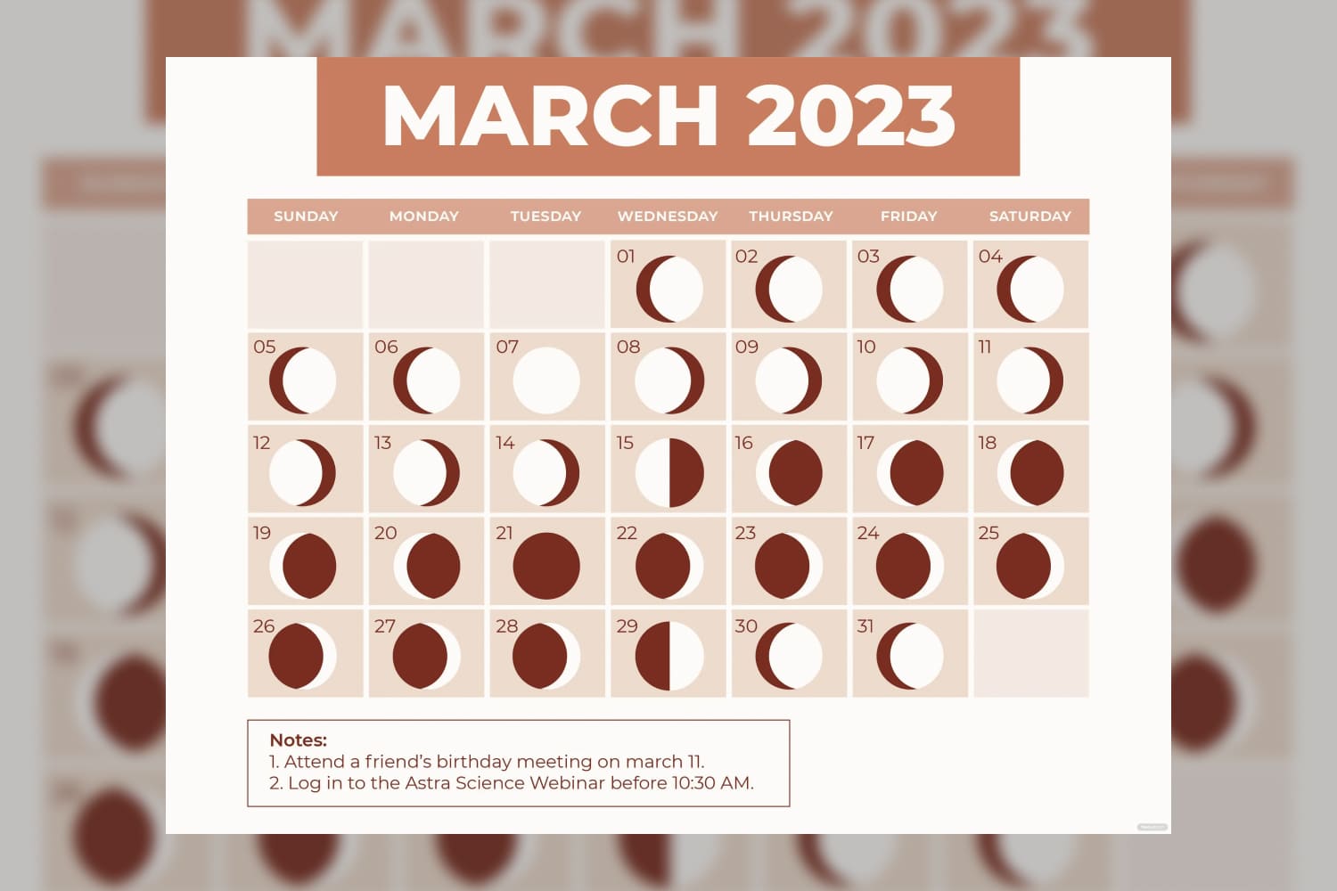The Lunar Calendar March 2023 template with the moon's phases for each day of the month.