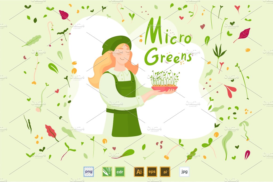 Woman holding a potted plant with the words micro greens.