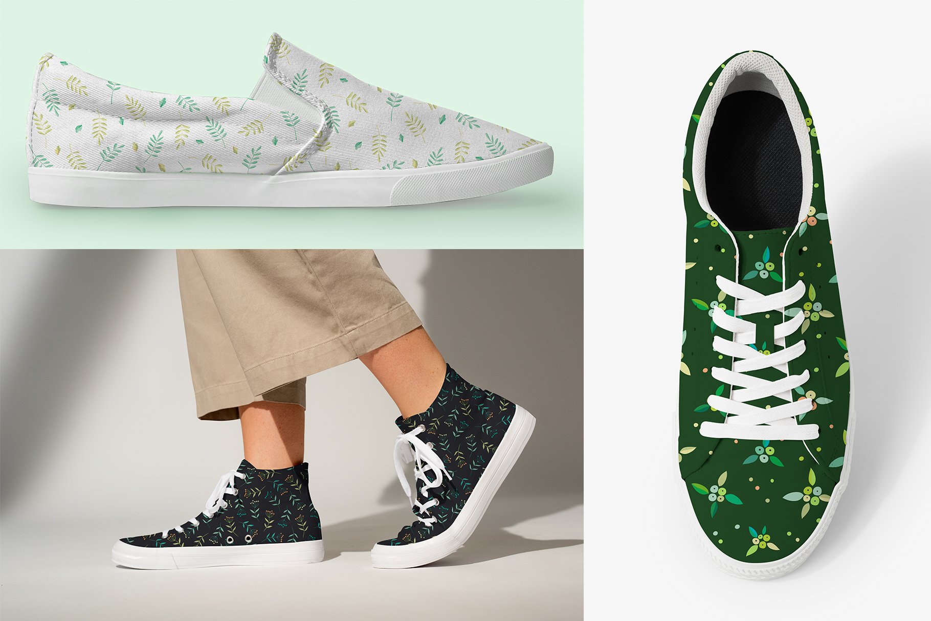 Pair of shoes with green and white flowers on them.