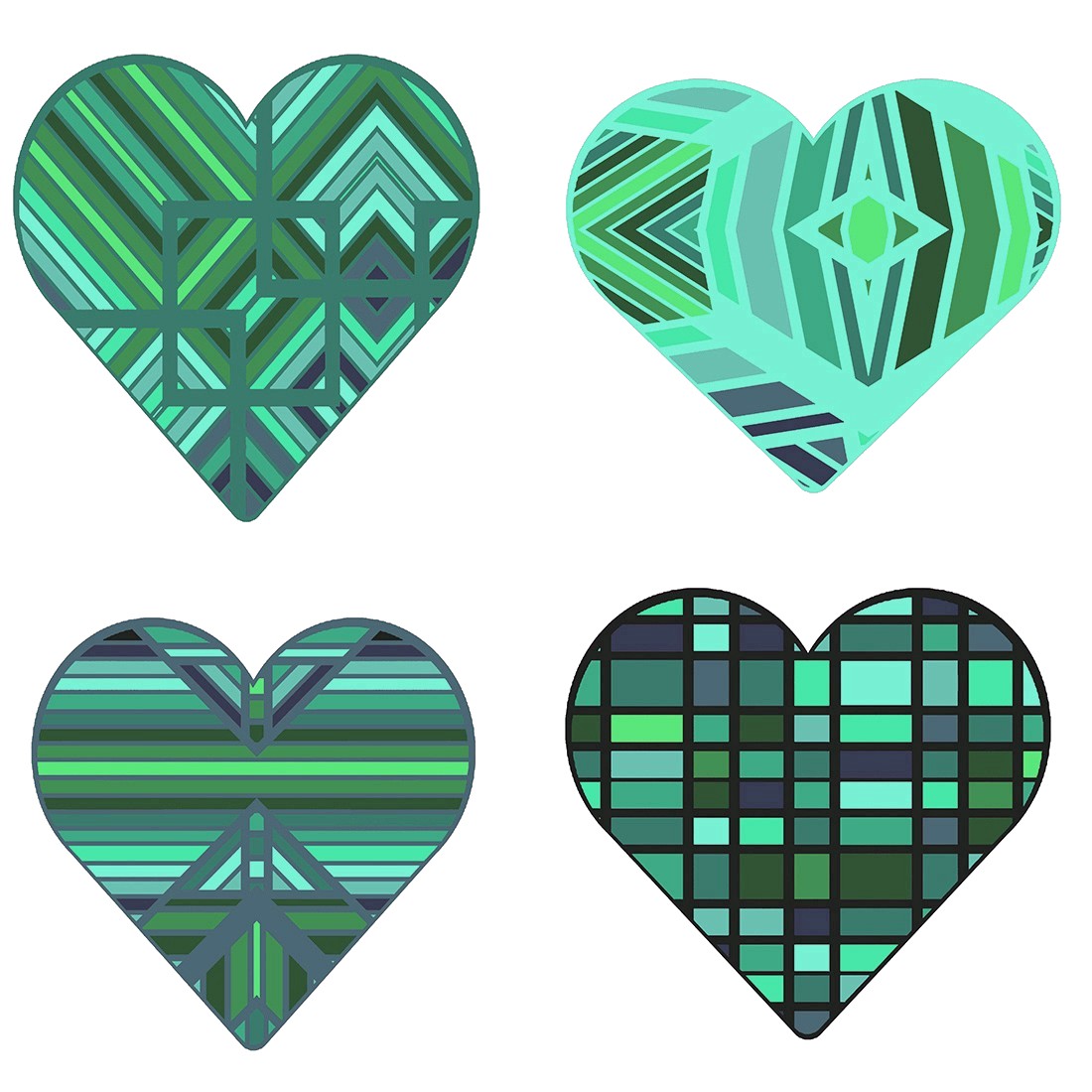 Quilted Heart Teal Hues Set of 8 DXF Files PNG SVG preview image.